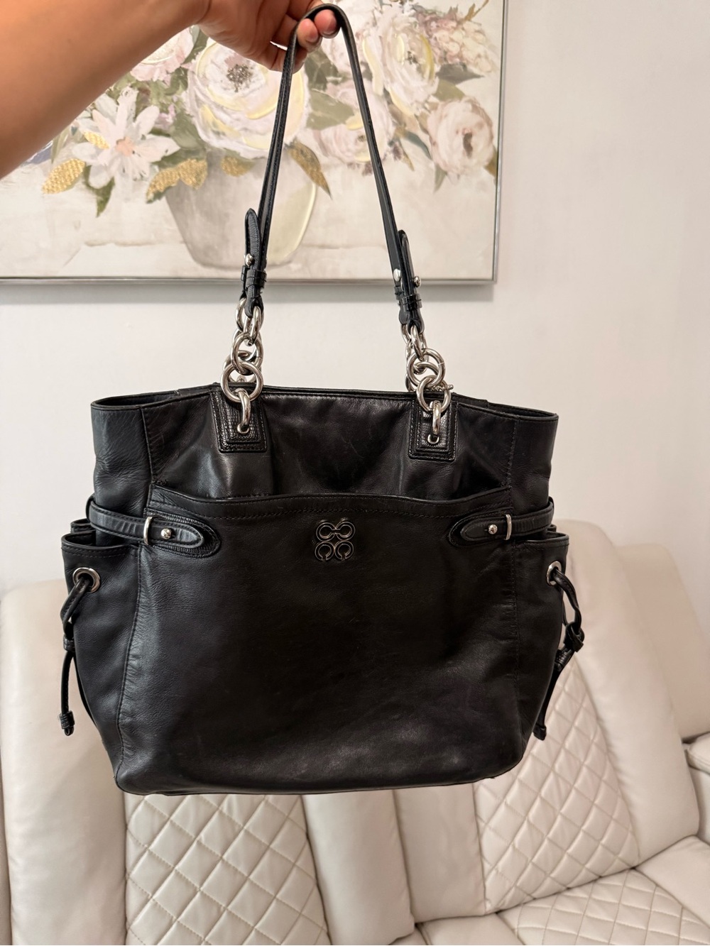 Coach Black Leather Tote with Silver Chain Accents